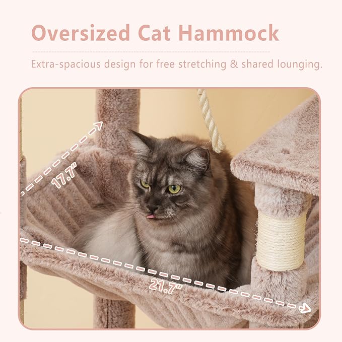 Heybly 64.2" Heavy-Duty Cat Tree for Large Cats with Wide Base HCT027MU | Indoor Cat Tower with Scratching Posts & Board, Cat Furniture with Big Platforms, Extra-Large Hammock, Rosy Brown