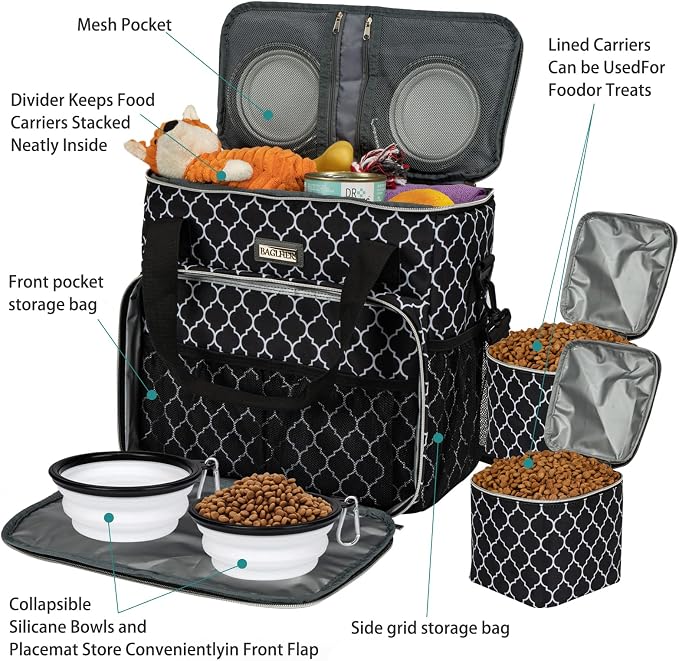 BAGLHER Dog Travel Bag, Pet Travel Bag (ALL Pet Travel Supplies), With 2 Pet Food Containers and 2 Collapsible Silicone Bowls; Essential Kits for Travel DLblack