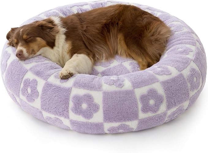 Lesure Shown on TV Donut Dog Beds Large - XL Calming Round Sofa as Present for Pets with Washable Cover, Orthopedic Home Decor Bed with Jacquard Shaggy Plush & Anti Slip Bottom, 36 Inch，Flower Checks