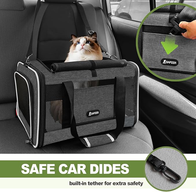 GAPZER Cat Carrier 18x11x11 Top Load Soft Pet Travel Bag Over 15 lbs, Collapsible Small Dog Puppy Crate 10 Pounds, Small Animal Rabbit Kennel Carrying Case, Kitten Mesh Cage Medium Cat Under 25 Grey