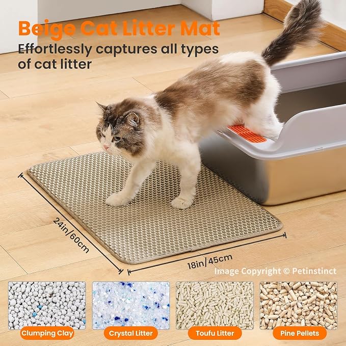 Cat Litter Mat, Double Layer Honeycomb Litter Box Mat | 24x18”, Efficient Litter Trapping, Easy to Clean, Waterproof, Non-Slip, Soft on Paws, Scratch Resistant, Beige, Large