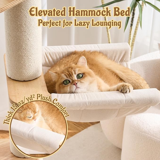 64.2" Solid Wood Cat Tree Tower for Indoor Cats, Multi-Level Modern Cat Furniture with 20" Condo, Interchangeable Hammock & Capsule Bed, Chunky Scratching Posts for Active Cats up to 12 lbs