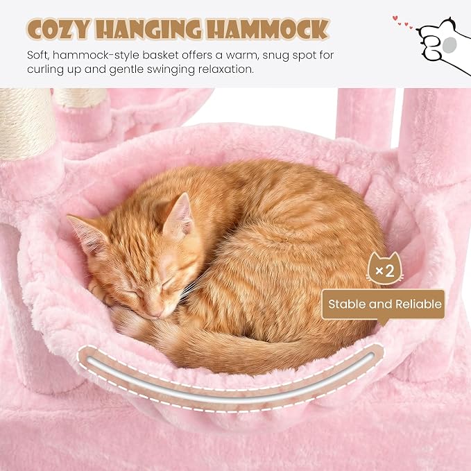 Sha Cerlin 87 in Multi-Level Tall Cat Tree Tower for Large Cats/Extra Wide Feline Activity Center/Sisal Scratching Posts/Wide Base/Cozy Plush Perches/Baskets/Hammocks/Toy Balls/Pink