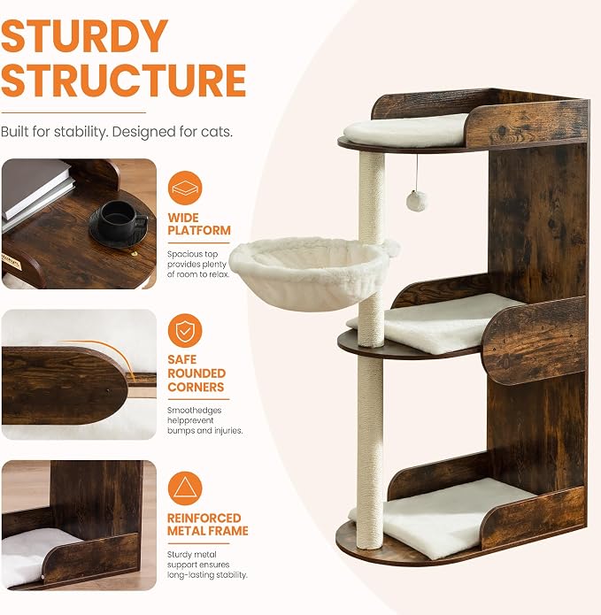 44.8in Modern Wood Cat Tree Tower for Indoor Large Cats with Perch | Multi-level Big Platforms, Sisal Scratching Posts, Cozy Hammock, Washable Pads, Ideal for Windows and Corners, Rustic Brown