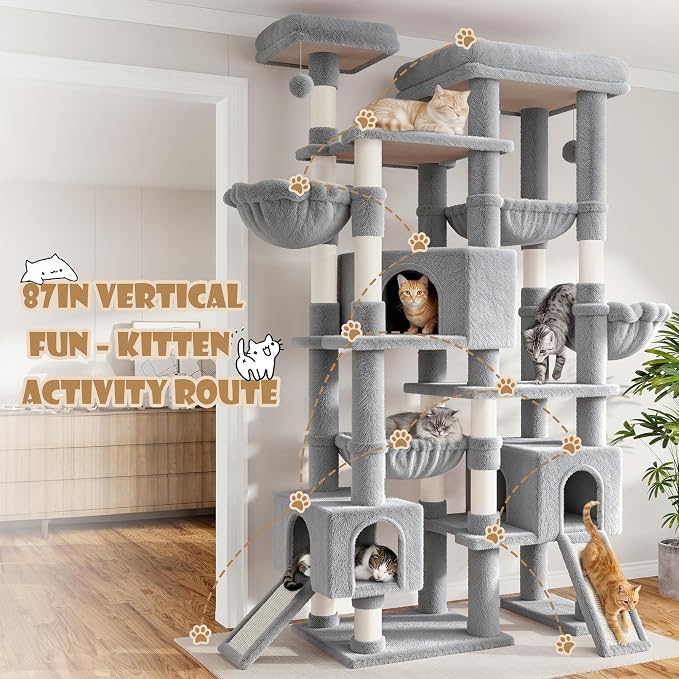 Sha Cerlin 87 in Multi-Level Tall Cat Tree Tower for Large Cats/Extra Wide Feline Activity Center/Sisal Scratching Posts/Wide Base/Cozy Plush Perches/Baskets/Hammocks/Toy Balls/Grey