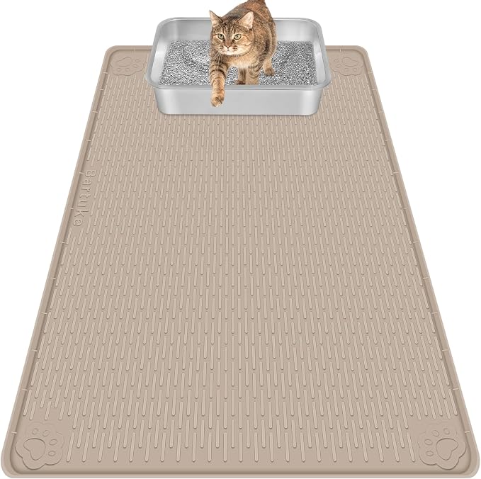 Silicone Cat Litter Mat for Litter Box 40”x28” Large Cat Mat, Khaki | Waterproof, Non-Slip, Leak-Proof Rug Mat with Lip, Easy to Clean, Extra Large Litter Catcher Mat for Floor