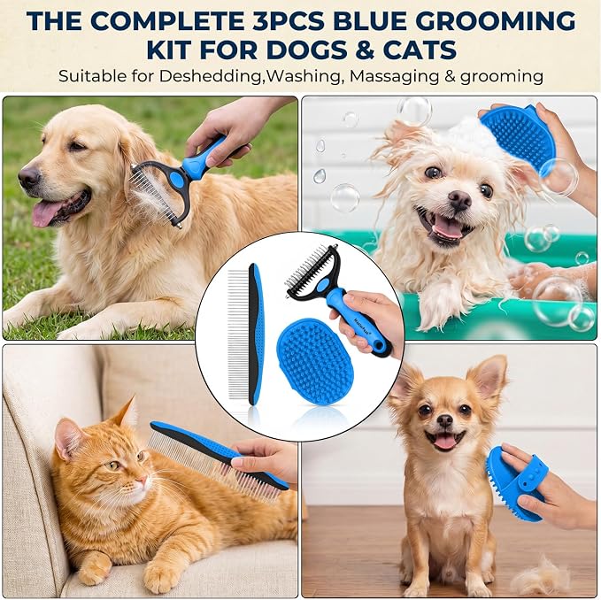 3-in-1 Pet Grooming Kit Rake Metal Comb & Bath Brush Blue | Double-Sided Dematting Undercoat Rake, Deshedding Metal Comb, Bath Brush For Dogs and Cats