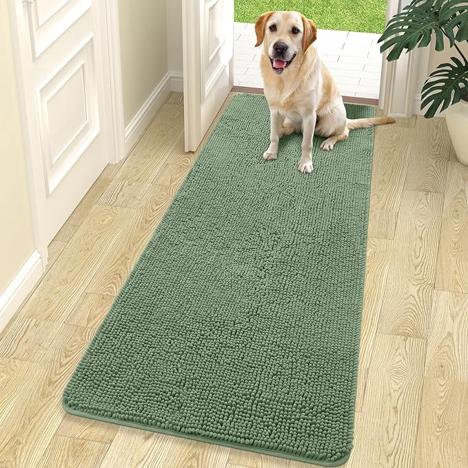 OLANLY Dog Door Mat for Muddy Paws 70x24, Super Absorbent Chenille Mud Mat | Olive Green, Absorbs Moisture and Dirt, Non-Slip Machine Washable Doormat, Quick-Drying Indoor Entryway Floor Carpet for Dogs