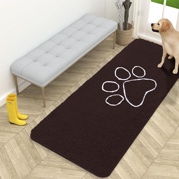 OLANLY Dog Door Mat for Muddy Paws 59x24, Paw Print Design Chenille Mud Mat | Brown, Absorbent, Traps Moisture and Dirt, Non-Slip Washable Doormat, Quick-Drying Indoor Entryway Floor Carpet for Dogs