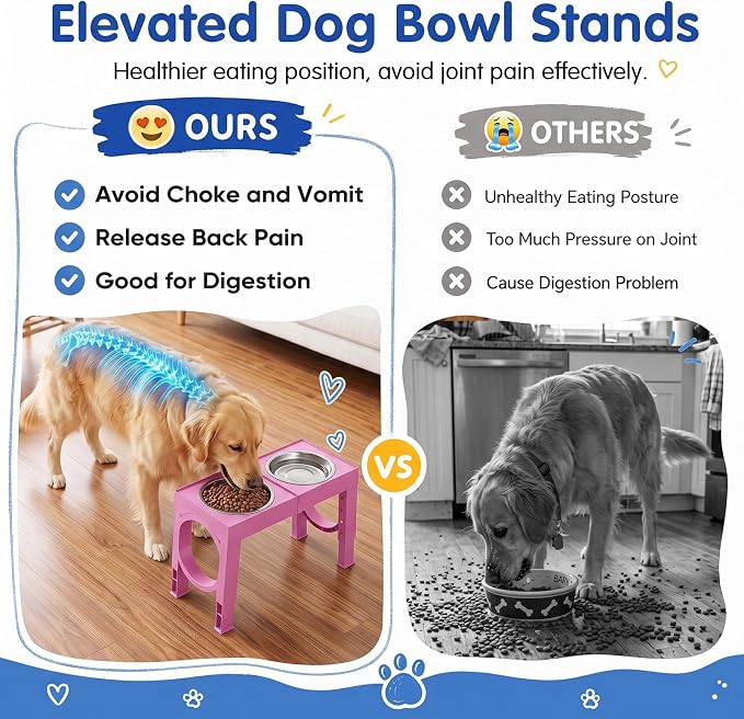 XIAZ Elevated Dog Bowls Large Breed Raised Dogs Bowl Stand Large/Medium Sized Dog Stainless Steel Food Water Bowl Stands 5 Heights Adjustable 9/11/12/14in Pet Feeder Dish Station