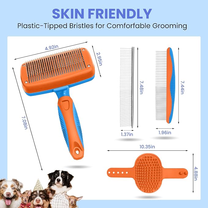 Self Cleaning Shedding Brush - 5-in-1 Professional Pet Grooming Kit Skin Friendly Grooming Tool for Dogs, Cats, and Puppies, Deshedding and Hair Removal for Long and Short Haired Pets,（Blue-Orange）