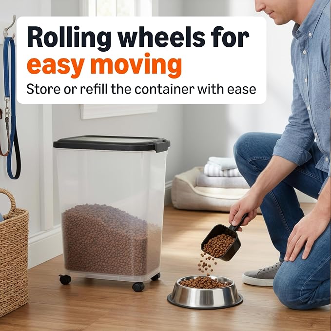 Amazon Basics Pet Food Storage Container with Rolling Wheels, BPA-Free, Detachable Scoop, 50lbs Capacity