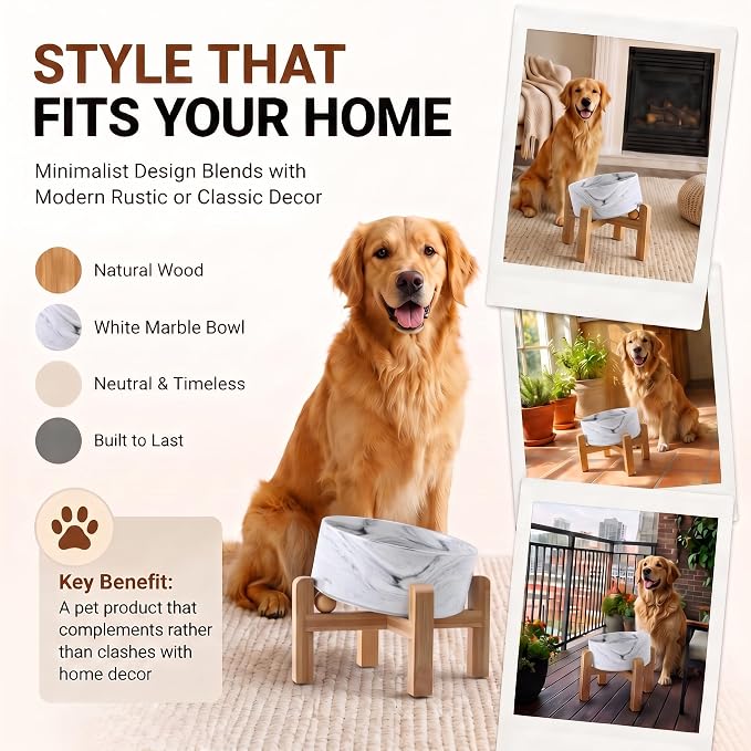 hjn Elevated Ceramic Dog Bowl 15°Slanted Raised Dog Bowl with Bamboo Stand for Small Medium Dogs and Cats, Pet Feeder -7.6-Cup (1800ml)-Marble Gray