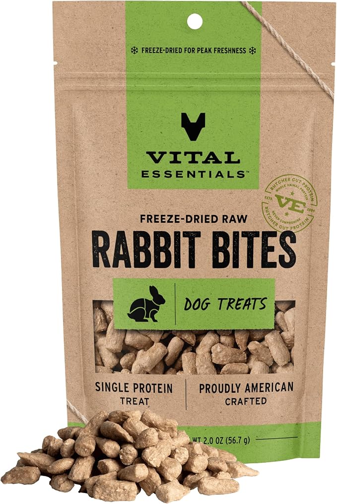 Vital Essentials Freeze Dried Dog Treats, Rabbit Bites, 2 oz Bag | Single Ingredient, Premium Quality Protein, Grain-Free Training Treats, USA Made with U.S. & Globally Sourced Ingredients