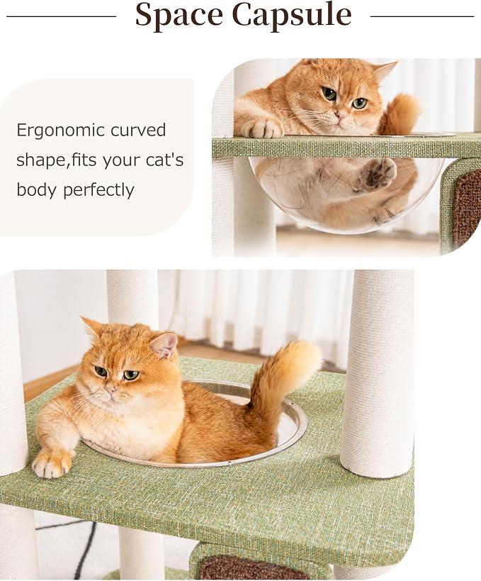 53'' Cat Tree for Large Cat, Modern Senior Friendly Cat Tower with Wide Shelves Low Step, Cotton Scratching Posts, Super Sturdy Base, Cozy Perches, and Interactive Toys (Green)