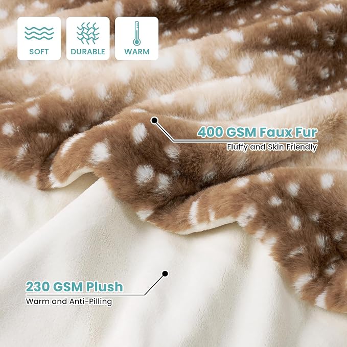 COZY KISS Luxury Faux Fur Blanket Deer Print, Waterproof Pet Blanket Washable, Woman Sofa Bed Couch Throw, Liquid Pee Proof for Large Dog or Cat, Reversible, Super Soft, 60x80 inch, Brown