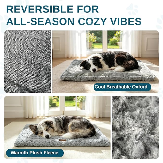 Reversible Dog Crate Mat for Large Dogs,Oxford & Fleece, 42"x27",Light Gray | 1.2" Fill Preserves Crate Height,Fleece Cozy,Wipes Clean,Splash-Proof,Machine Washable, Folds Flat For 30" Wire Crate & Go