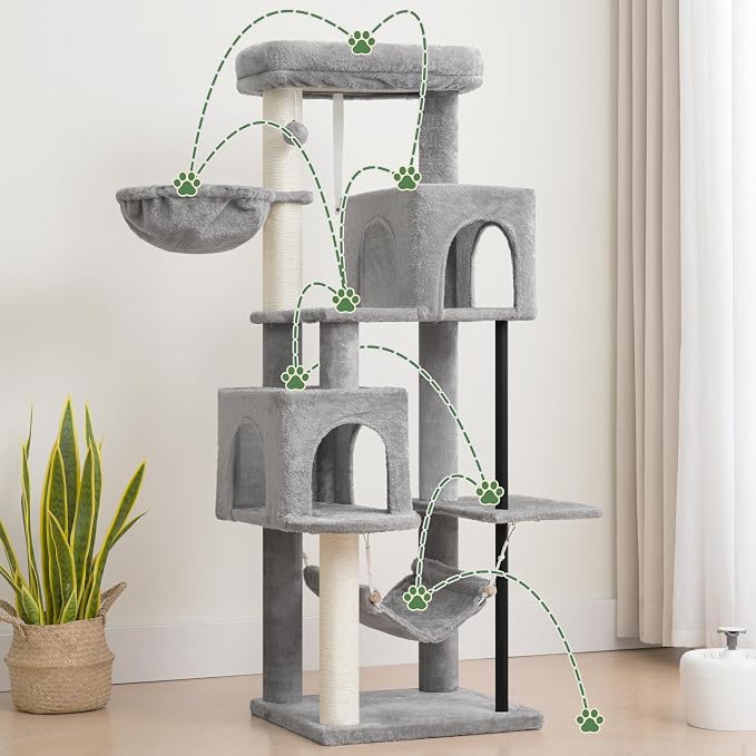 Cat Tree Tower with Sturdy Steel Tube for Indoor Cats GCT014W | 51.2'' Cat Furniture with Scratching Posts, Hammock, Basket and Padding Top Platform for Inoor Cats Large Adult, Light Gray