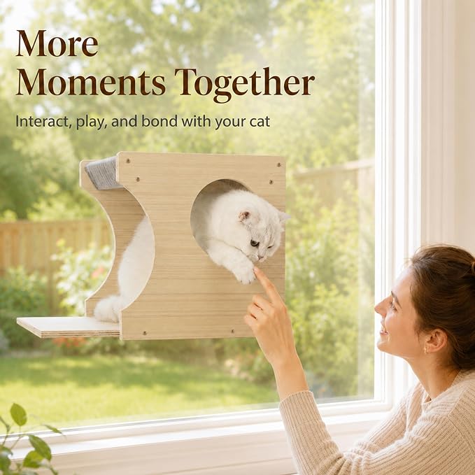Cat Window Perch，2-Tier Hammock & Hideaway House with Strong Suction Cups | Left-opening, Drill-Free, Hold Up to 45 lb Support, For Small to Medium Cats, Let Cats Lounge, Climb and Watch Outside