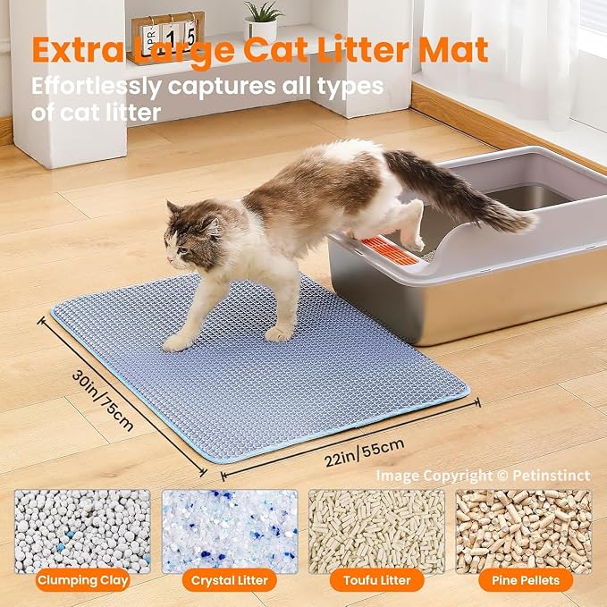 Extra Large Cat Litter Mat, Double Layer Honeycomb Design, Blue | 30x22”, Reduces Litter Tracking, Easy to Clean, Waterproof, Non-Slip, Soft on Paws, Scratch Resistant, Blue, XL