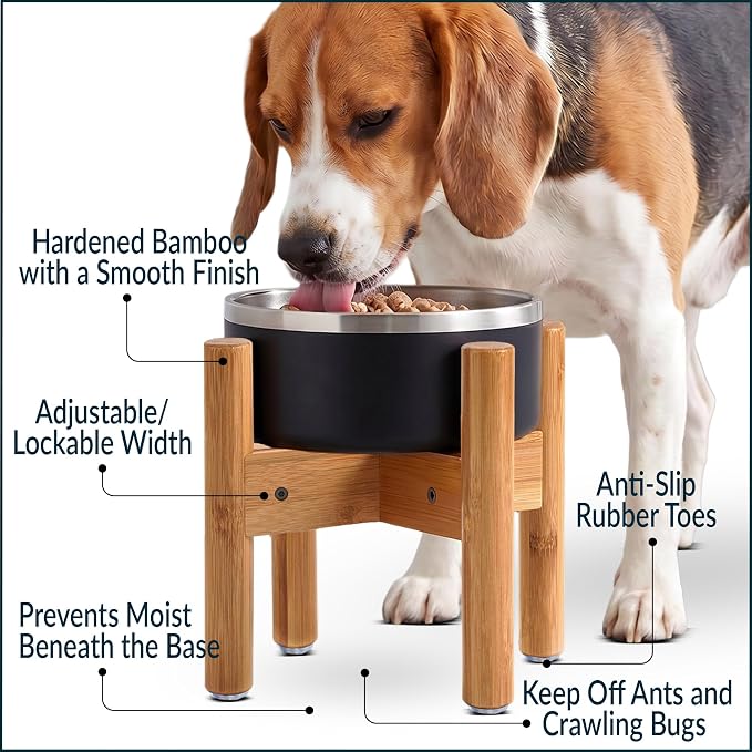 Dog Bowl Stand for Small-to-Medium Dogs - Adjustable | Use to Elevate Raise Dog Food, Water and Slow Feeder Bowls, Lock-Bolts and Tool Added, Foot-Padded, Bamboo Stand Only