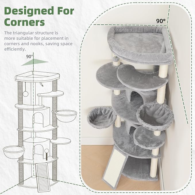 Corner Cat Tree, All Sisal Multi-Cat Scratching Posts GCT035W | 63.8" Cat Tower for Indoor Cats with Cat Condo, 2 Large Cat Caves, Big Top Perch, 2 Hanging Baskets & Sisal Ramp, Light Gray