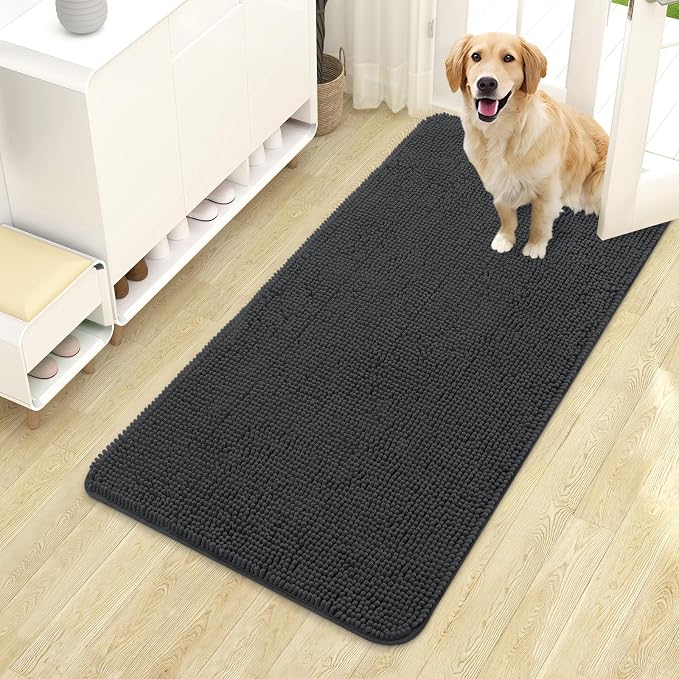 OLANLY Dog Door Mat for Muddy Paws 44x24, Super Absorbent Chenille Mud Mat | Dark Grey, Absorbs Moisture and Dirt, Non-Slip Machine Washable Doormat, Quick-Drying Indoor Entryway Floor Carpet for Dogs