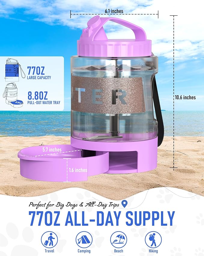 lesotc 77oz Dog Travel Water Bottle, Large Portable Dog Water Bowl Dispenser, Leakproof Pet Drinking Bottle Dispenser for Hiking Camping Walking Travelling Beach Car Trips, No Spill, BPA Free,Purple