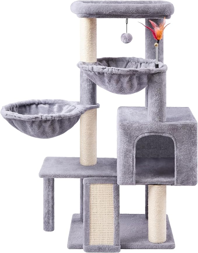 Cat Tree with Cat Condo and Two Hammocks, Cat Tree with Scratching Posts and Scratching Pads, Cat Tower for Indoor Cats, Activity Centre Climbing Tree with Playful Toy Balls, Grey