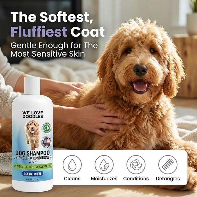 Dog Shampoo, Conditioner & Detangler, Gentle Tearless, Ocean Breeze, 16OZ | For Sensitive Itchy Skin, Hypoallergenic, Best For Smelly Dogs, Goldendoodle, Poodle & Doodle, Puppy Pet Wash, USA Made, 4in1