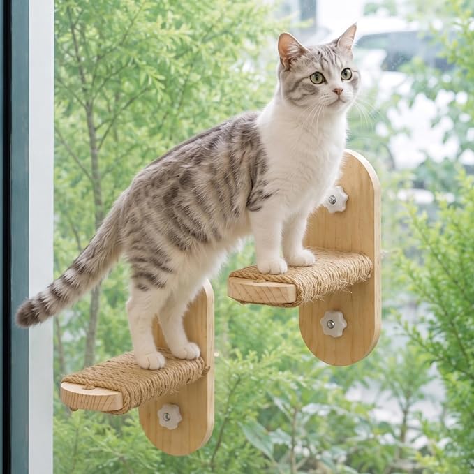 PETKARAY Large Cat Window Shelf, Upgraded Window Stairs for Indoor Cats, Sturdy Wooden Steps with Sisal Surface, Easy Access to Perch & Windowsill, 2 Packs