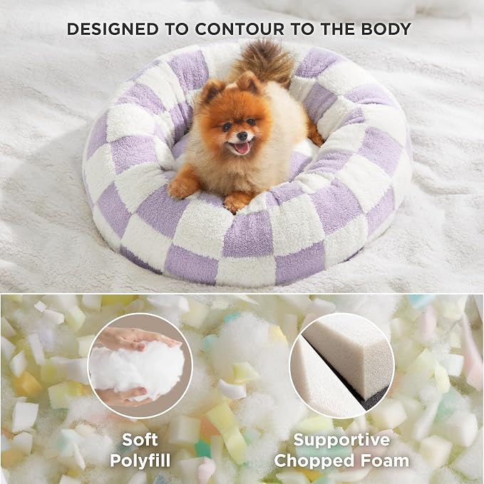 LE SURE Shown on TV Donut Small Dog Bed - Round Cat Beds Indoor Anti-Anxiety Calming Gift for Pets, Cute Modern Home Decor Beds with Jacquard Shaggy Plush & Anti Slip Bottom, 23 Inch, Purple