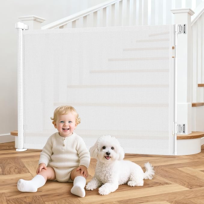 55 Inch Retractable Baby Gates Extra Wide, 41 Inch Reinforced Extra Tall Gate Mesh Safe Gate for Kids Pets, Retractable Dog Gate Baby Retractable Gate for Stair Hallway Doorway Indoor Outdoor, White