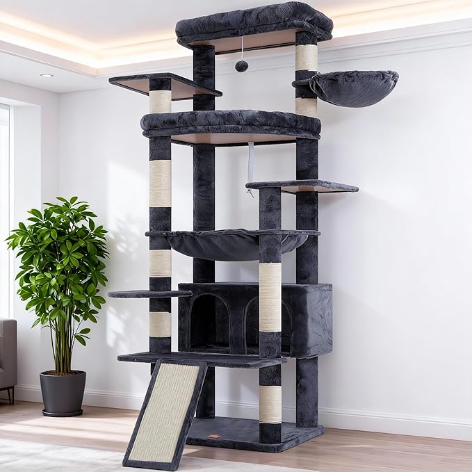 Heybly Tall Cat Tree for Large Cat, 80-inch Multi-Level Cat Tower HCT038G | Condo Furniture for Indoor Cats with Large Baseboard, 2 Widened Plush Perches, Scratching Board, Big Caves, Smoky Gray