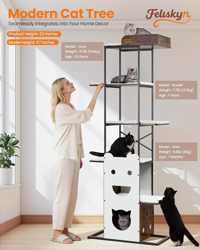 Wood Modern Cat Tree Tower, 84 Inch XL Tall Indoor Large Cat Condo | Heavy Duty XL Stable Wooden Cat Condo House Furniture with Multi-Level Spacious Perch Scratching Board Soft Washable Pads