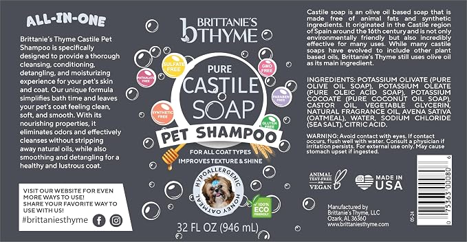 Brittanie's Itchy Skin Relief Pet Shampoo, Honey & Oatmeal, 32oz 2 Pack | Natural Shampoo For Dogs & Cats, For Allergies and Itching, Deodorizes, Moisturizes & PH Balanced