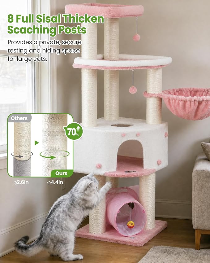 Cat Tree Tower for Large Cats Adult - 60 Inch XXL Sturdy Heavy Duty Extra Wide Scratching Posts (φ4.4in) Condo - Indoor Big Cat House Hammock Perch - XL Wood Multi Level Feline Pet Bed Trees Houses