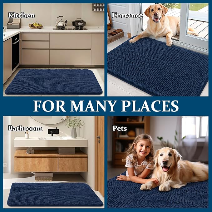 OLANLY Dog Door Mat for Muddy Paws 70x46, Super Absorbent Chenille Mud Mat | Dark Blue, Absorbs Moisture and Dirt, Non-Slip Machine Washable Doormat, Quick-Drying Indoor Entryway Floor Carpet for Dogs