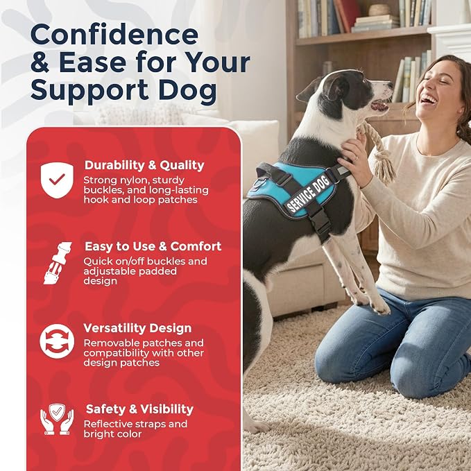 Industrial Puppy Service Dog Vest Harness - Durable & Adjustable Vest for Dog with Reflective Straps, Removable Patches, 50 ADA Cards, Handle & D-Ring, Travel and Daily Use, (Blue, Medium 25"-32")