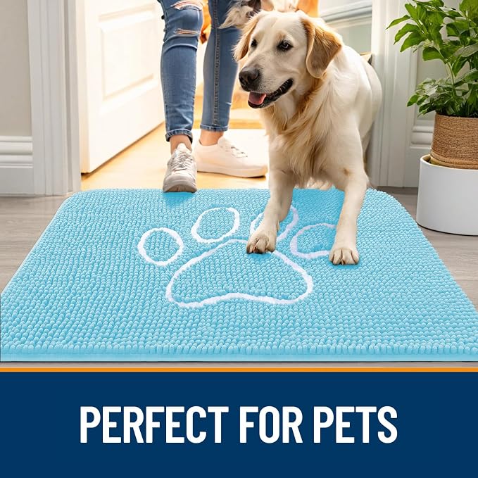 OLANLY Dog Door Mat for Muddy Paws 40x32, Paw Print Design Chenille Mud Mat | Blue, Super Absorbent, Traps Moisture and Dirt, Non-Slip Washable Doormat, Quick-Drying Indoor Entryway Floor Carpet for Dogs