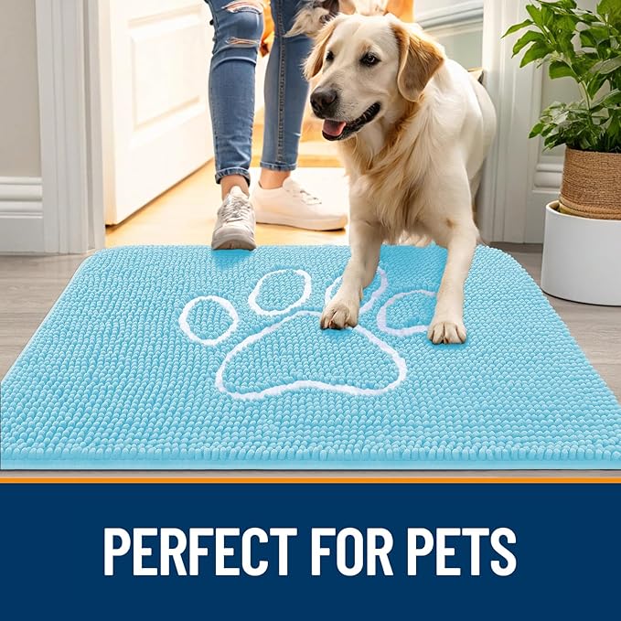 OLANLY Dog Door Mat for Muddy Paws 36x24, Paw Print Design Chenille Mud Mat | Blue, Super Absorbent, Traps Moisture and Dirt, Non-Slip Washable Doormat, Quick-Drying Indoor Entryway Floor Carpet for Dogs
