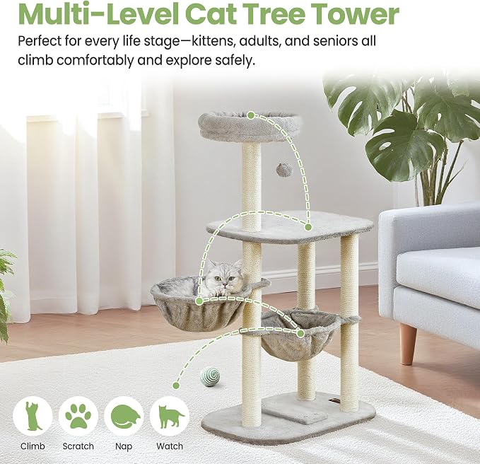 Small Cat Tree Tower with Lots of Scratching Posts - 42 Inch Medium Compact Cats Scratch House with Hammock Perch for Multi Level 2 Kitty - Indoor Corner Cat Bed Condo Climbing Gym Towers Furniture