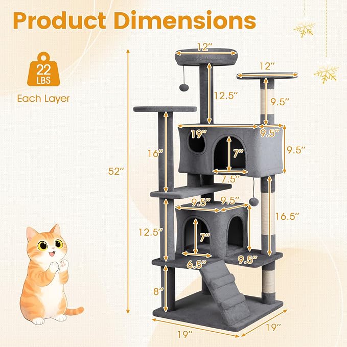 52-inch Cat Tree, Multi-Level Cat Tower with Sisal Scratching Posts, 2 Comfy Condos, Plush Padded Soft Top Perch, Dangling Balls, and Climbing Ladder, Ideal for Indoor Cats (Light Grey)