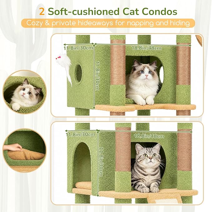 Globlazer 80in Cactus Extra Large Heavy Duty Corner Cat Tree Tower, S80C | Sturdy Green Big Cat Tower for Indoor Cats Large Adult with Scratching Post, 2 Cat Condos with Padding, 2 Perches, Green