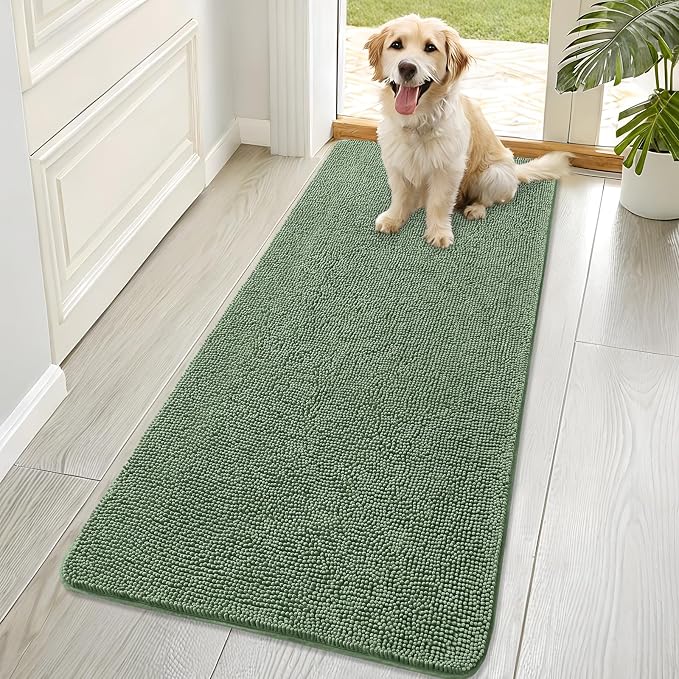 OLANLY Dog Door Mat for Muddy Paws 70x32, Super Absorbent Chenille Mud Mat | Olive Green, Absorbs Moisture and Dirt, Non-Slip Machine Washable Doormat, Quick-Drying Indoor Entryway Floor Carpet for Dogs