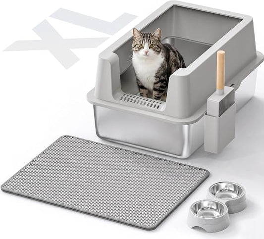 Stainless Steel Cat Litter Box - Enclosed XL Metal Kitty Litter Box with Lid for Big Cats, High Sided, Anti-Leakage, Easy Cleaning, Non-Sticky, Included Litter Mat, Cat Bowl & Spoon