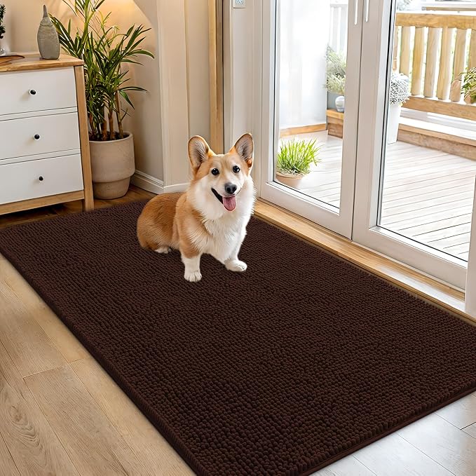 OLANLY Dog Door Mat for Muddy Paws 54x32, Super Absorbent Chenille Mud Mat | Brown, Absorbs Moisture and Dirt, Non-Slip Machine Washable Doormat, Quick-Drying Indoor Entryway Floor Carpet for Dogs