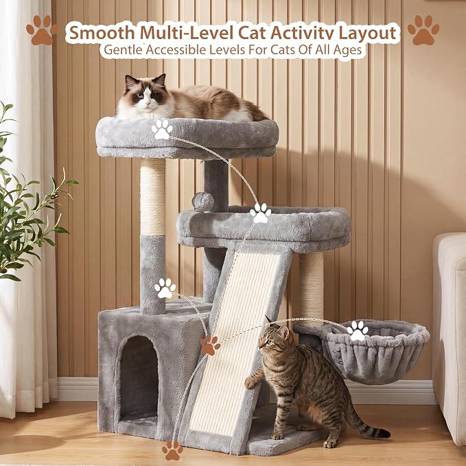 Heybly Compact Cat Tree with Big Scratcher, Stable Cat Tower HCT206SW | 27.2" Cat Furniture with 2 Top Perches, Floor Cat Condo, Cozy Hammock, Space-Saving Cat Activity Center, Light Gray