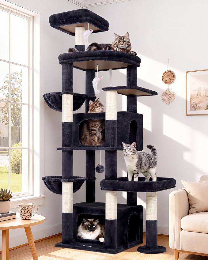 Globlazer 75in Sturdy Cat Tree Tower for Indoor Large Cats, S75, Dark Grey | Multi-Level Heavy Duty Cat Tower with Scratching Post, Oversized Condos & Perches for Big Cats, Large Baskets, Enlarged Base