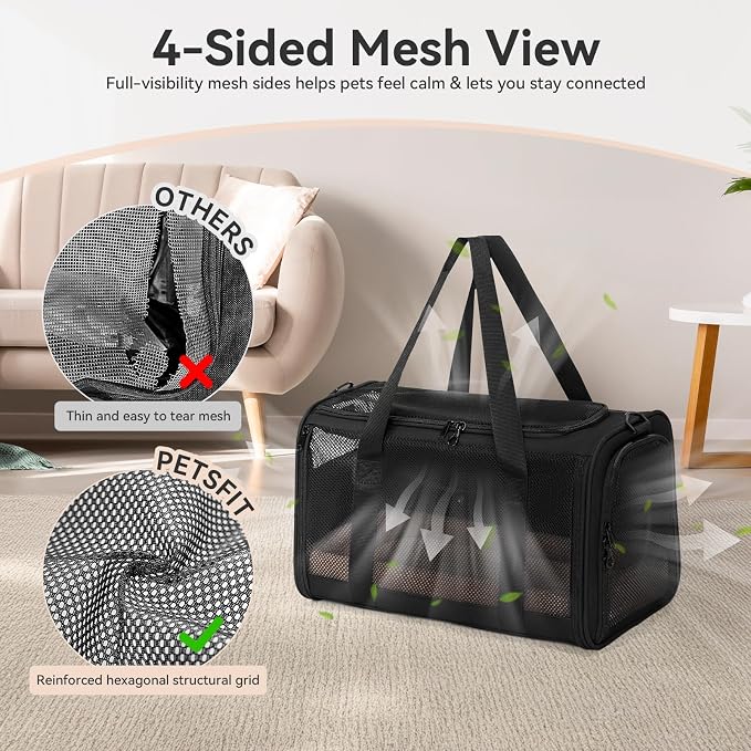 PETSFIT Soft-Sided Cat Carrier with Patented Safety Buckles, Lockable Zippers & Safety Tether,Escape-Resistant Travel Pet Carrier for Car Rides & Vet Visits, Airline Approved Under-Seat, Up to 12 lbs